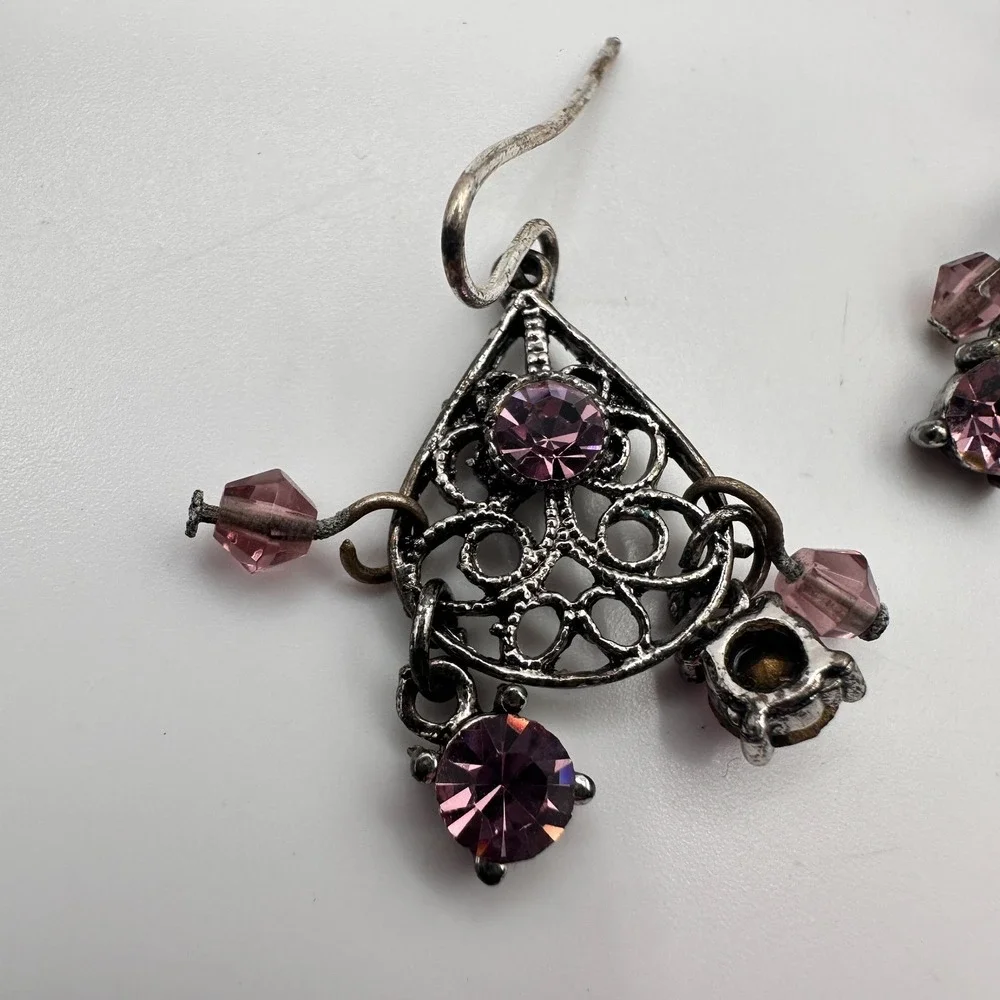 Vintage 90s Purple Crystal Bicone beads‎ Chandelier Earrings Silver Tone Jewelry